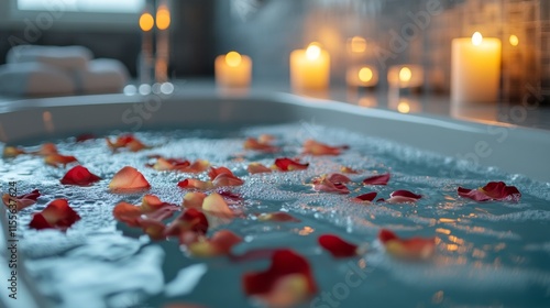 Relaxing bubble bath with rose petals and soft candlelight in a serene bathro...