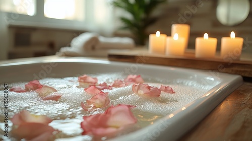 Relaxing bubble bath with rose petals and soft candlelight in a serene bathro...