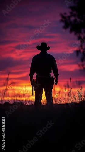 Silhouette of a person standing against a dramatic sunset with a firearm in hand