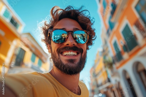 Smiling man enjoys sunny day in colorful city with stylish sunglasses and vib...