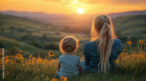 Sunset moment between mother and child in a sunflower field