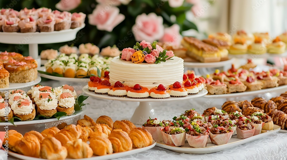 Delicious pastries, cakes, and appetizers arranged on a buffet table for a party or event. Delicious pastries, cakes, and appetizers arranged on a buffet table for a party or event.
