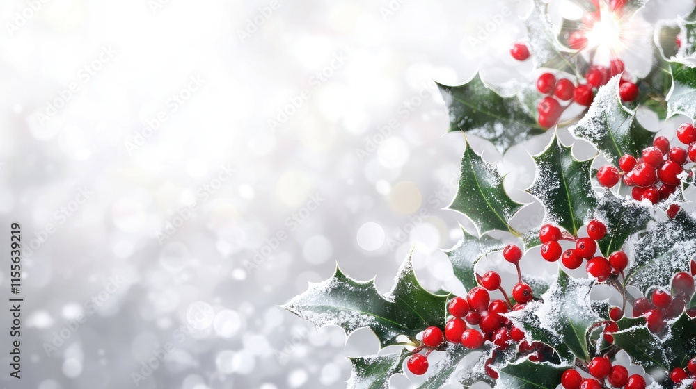 Snowy holly branch with red berries on a bright background. Snowy holly branch with red berries on a bright background.