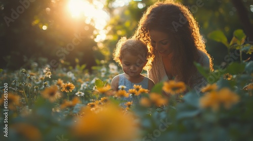 Mother and daughter gardening together in a vibrant backyard on a sunny day