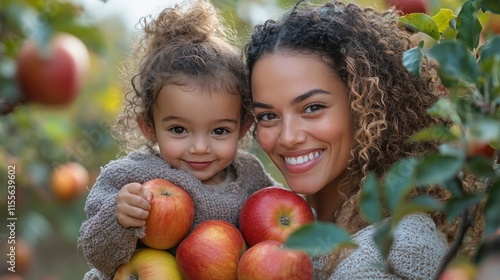 Heartwarming moment of a woman and child holding apples in a cozy, rustic set...