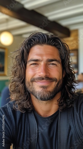 Handsome man with long hair and beard smiling in a modern indoor setting