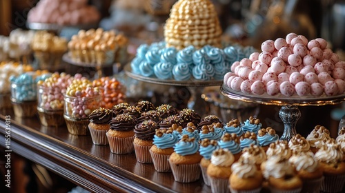 Elegant cake display with cupcakes for a celebration event at evening gathering