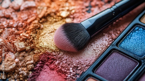 Model showcasing vibrant makeup against colorful cosmetic palettes