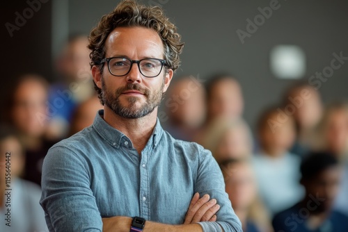 Attentive man listening during discussion at a professional event in a modern...