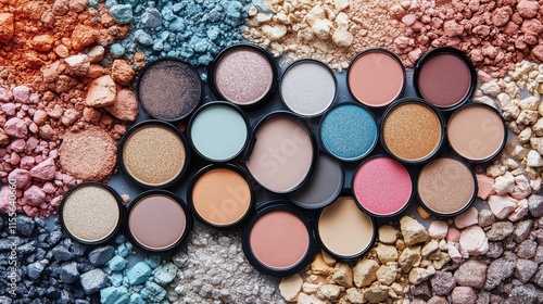 Model showcasing vibrant makeup against colorful cosmetic palettes