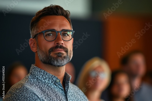 Attentive man listening during discussion at a professional event in a modern...