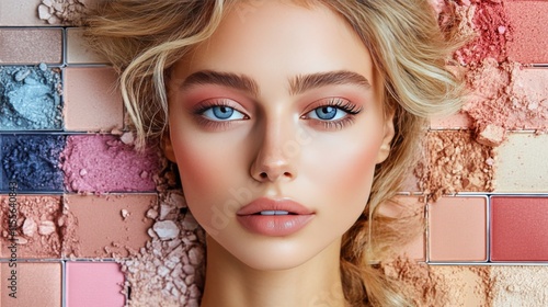 Model showcasing vibrant makeup against colorful cosmetic palettes