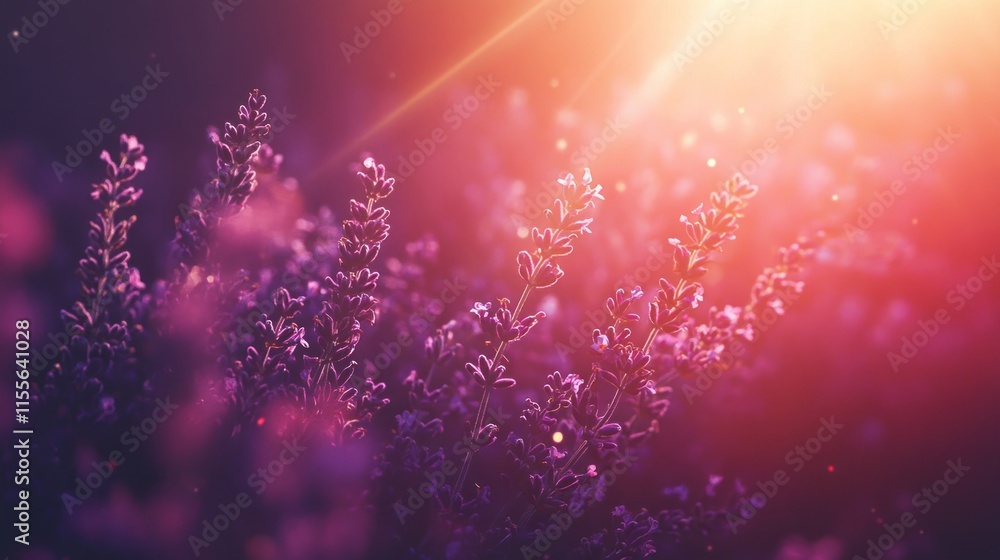 Sunset illuminates lavender field, bokeh effect. Sunset illuminates lavender field, bokeh effect.