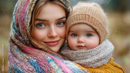 Mother and baby cuddle in cozy blanket together during afternoon at home