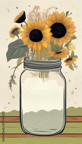 Illustration of sunflowers in a glass jar with a rustic background for a cheerful decor
