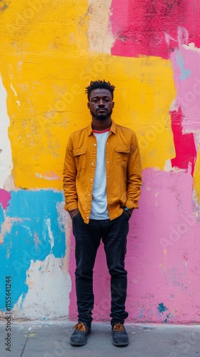 Stylish man poses against vibrant mural in urban setting on sunny day