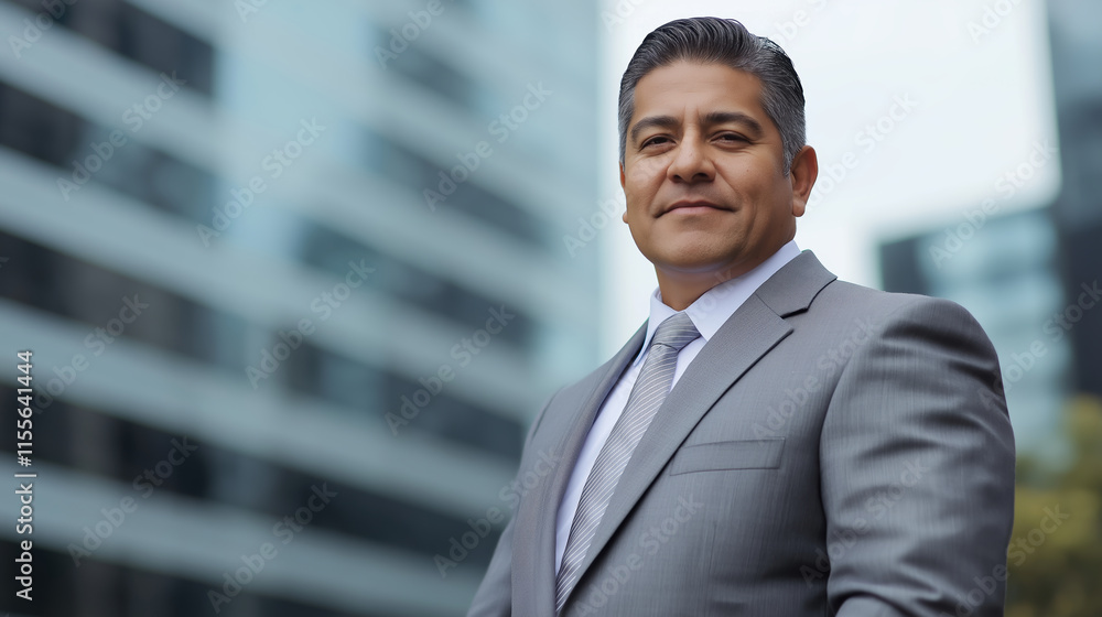 Fototapeta premium Executive in grey suit with striped tie against office buildings. Business leadership advertising