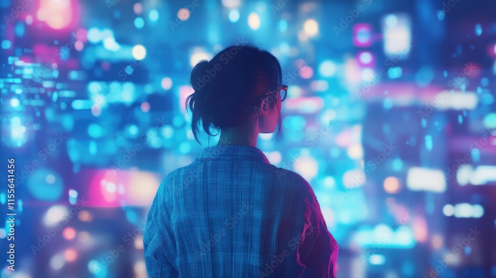 Woman viewing futuristic digital data interface. Woman viewing futuristic digital data interface.