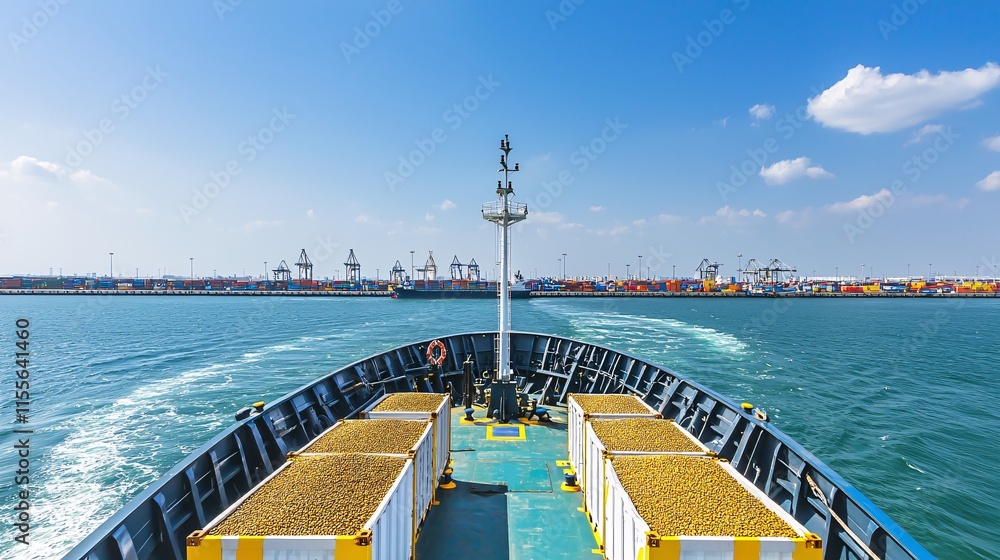 Obraz premium open cargo ship with containers filled with oil seeds, with a blue sky and a busy port in the background, emphasizing the scale of international trade. [Export products]:[Oil seeds] 
