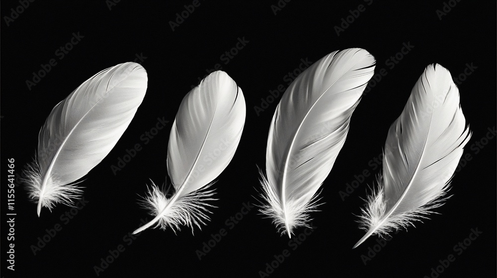 Obraz premium Four white feathers isolated on black.