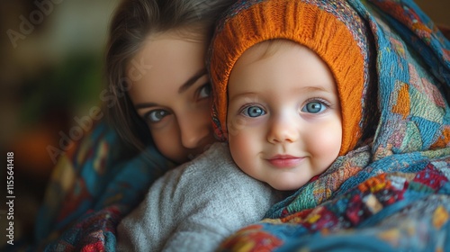 Mother and baby cuddle in cozy blanket together during afternoon at home