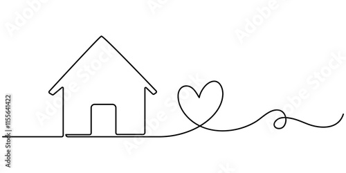 Home Sweet Home Continuous Line Icon, Heart inside house continuous one line drawn. Love home concept. Vector illustration isolated on white, Home Sweet Home Continuous Line Icon, Home with heart line