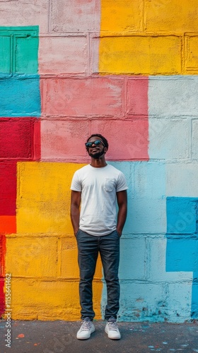 Stylish man poses against vibrant mural in urban setting on sunny day