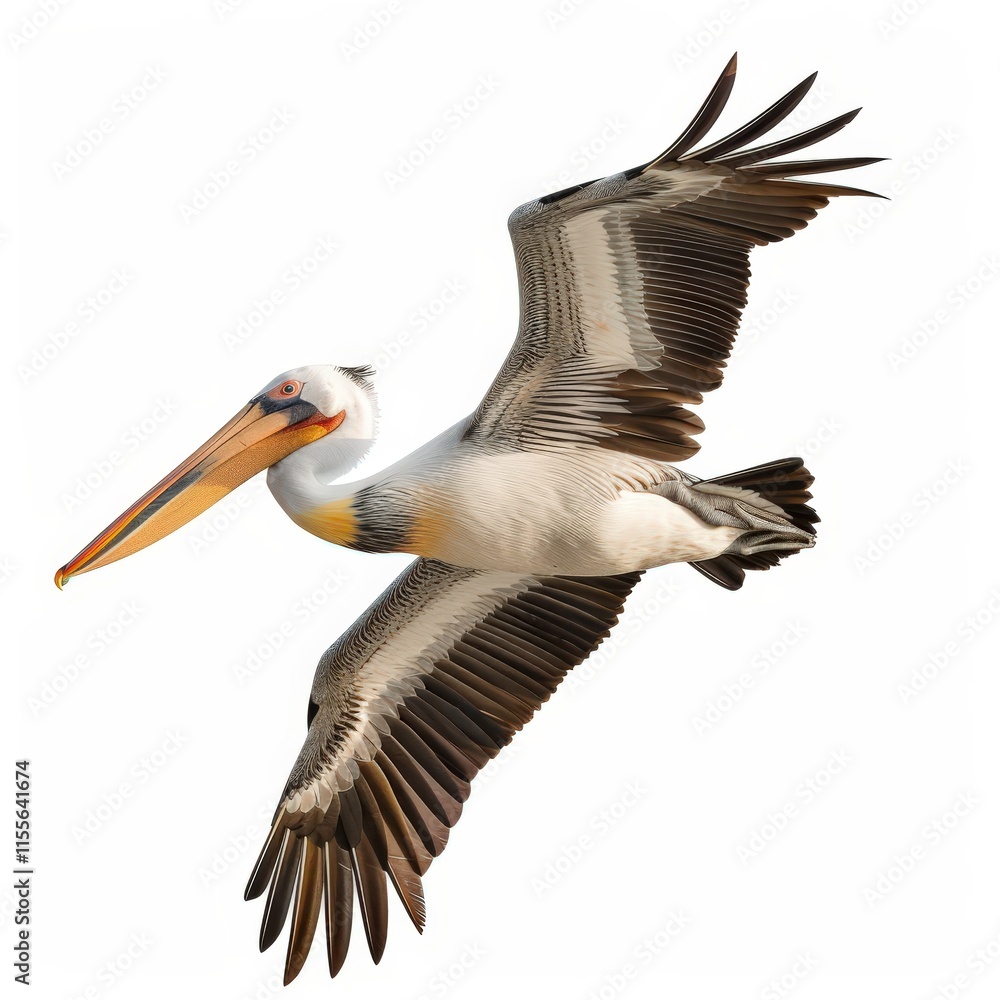 Fototapeta premium A pelican is flying in the sky with its wings spread wide
