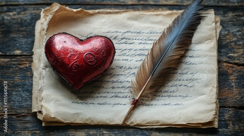 Romantic heart-shaped box and feather quill on vintage letter laid on wooden ...