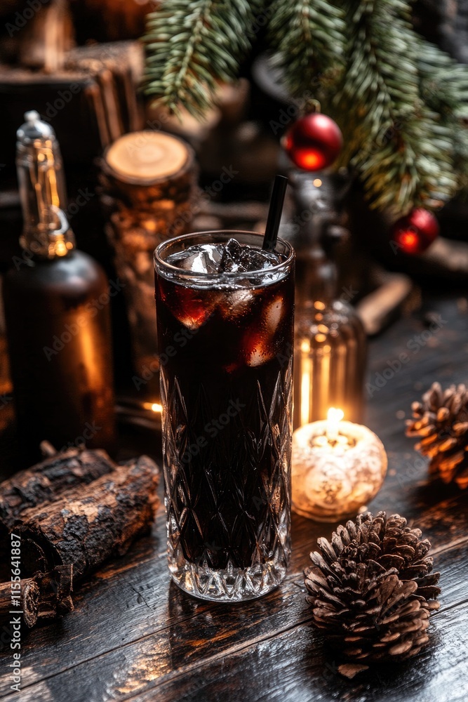 A glass of dark beverage with ice, surrounded by rustic decor and festive elements. A glass of dark beverage with ice, surrounded by rustic decor and festive elements.
