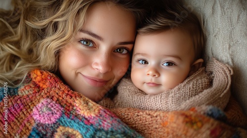 Mother and baby cuddle in cozy blanket together during afternoon at home