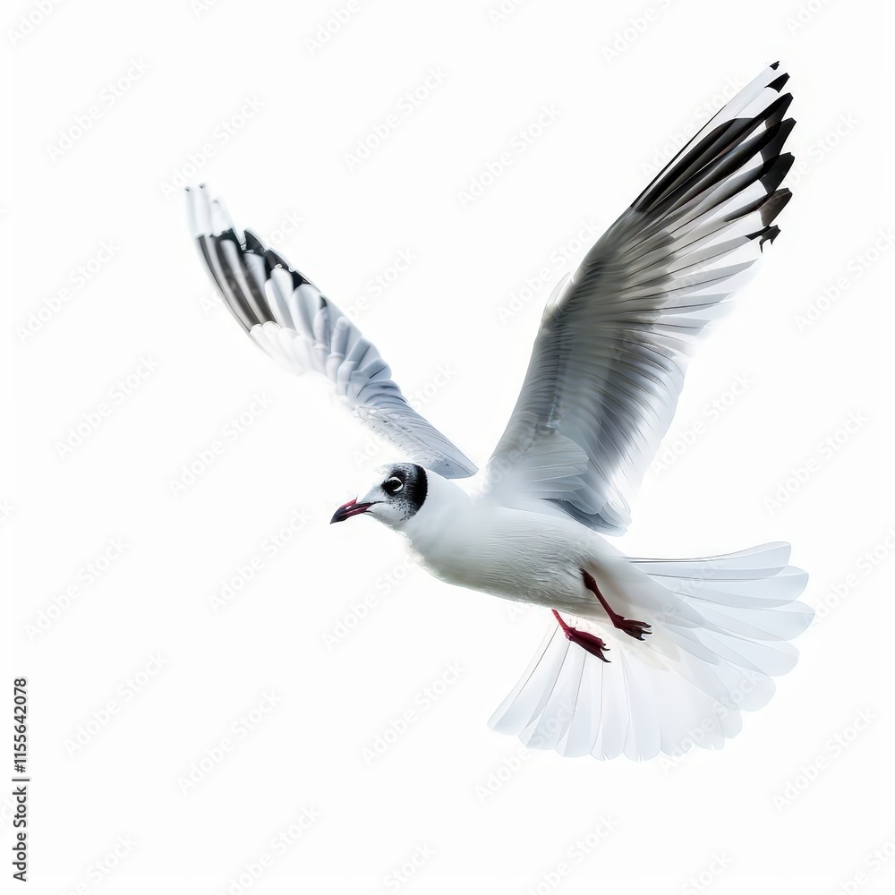 Obraz premium A white and black bird with red feet is flying in the air