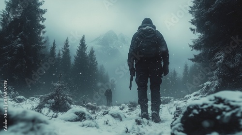 Soldier in winter forest landscape with snow-capped trees and misty atmosphere