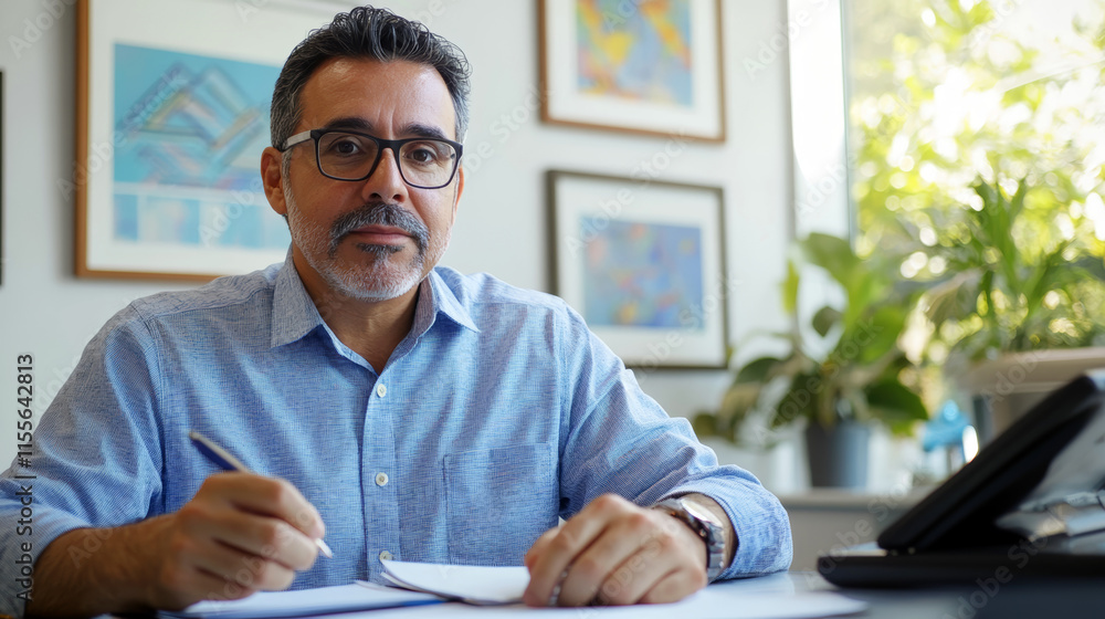 Obraz premium a man in a suit sits at a table with a notepad in his hands, an appointment with a specialist