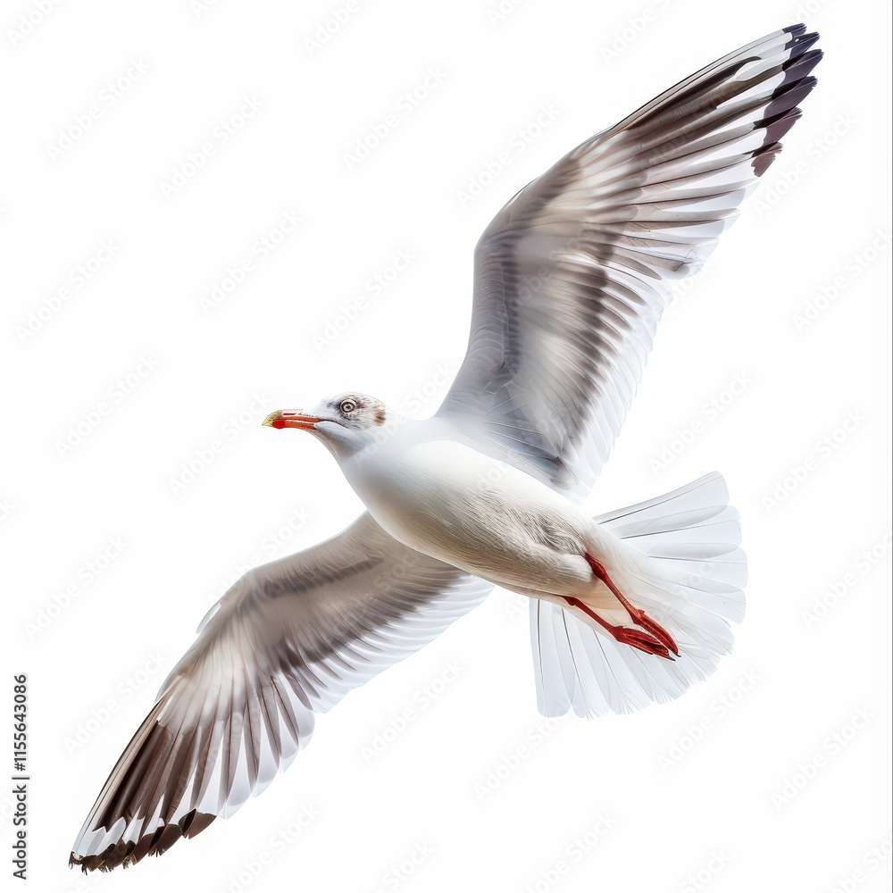 Fototapeta premium A white bird with red feet and orange beak flying in the air