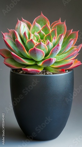 Colorful succulent plant in a black pot near a bright window in natural light