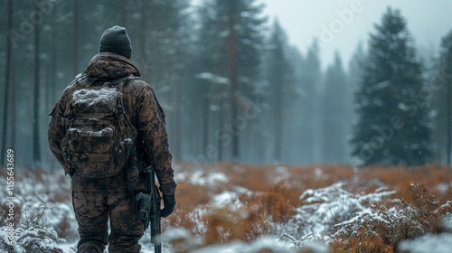 Soldier in winter forest landscape with snow-capped trees and misty atmosphere