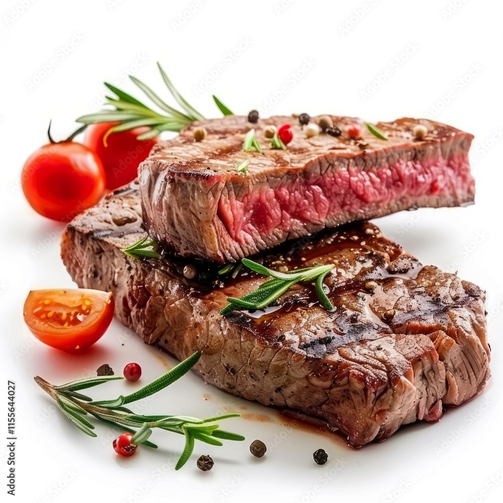 Sizzling grilled beef steaks seasoned with rosemary and spices, showcasing a perfectly cooked reddish inside Sizzling grilled beef steaks seasoned with rosemary and spices, showcasing a perfectly cooked reddish inside