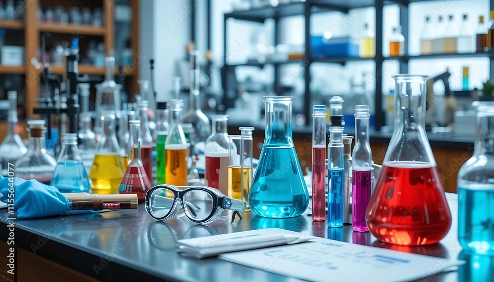 Chemistry Lab with Colorful Solutions and Equipment Chemistry Lab with Colorful Solutions and Equipment