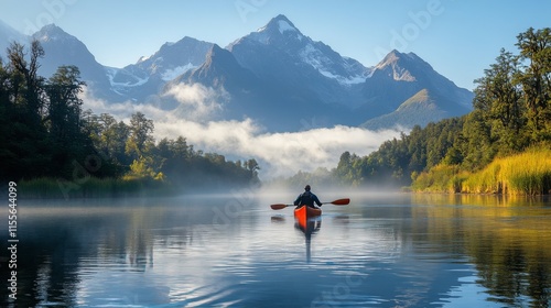 Kayaker exploring tranquil river surrounded by majestic mountains and lush gr...