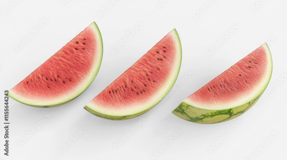 Three watermelon slices arranged on white background. Three watermelon slices arranged on white background.