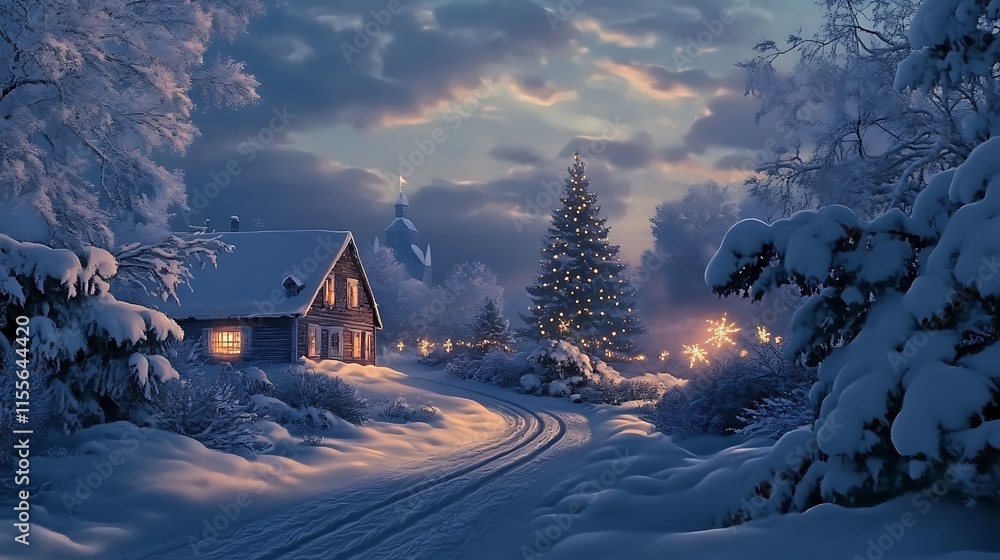 Fototapeta premium A picturesque snowy path under a light blue Christmas evening sky