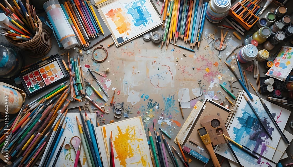 Fototapeta premium Artist's Worktable with Paints, Brushes, and Sketches