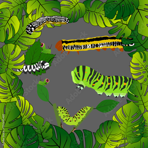 This illustration features a group of cute caterpillars, accompanied by various shapes and sizes of fresh green leaves, ideal for children's education, creative projects, or nature themes.