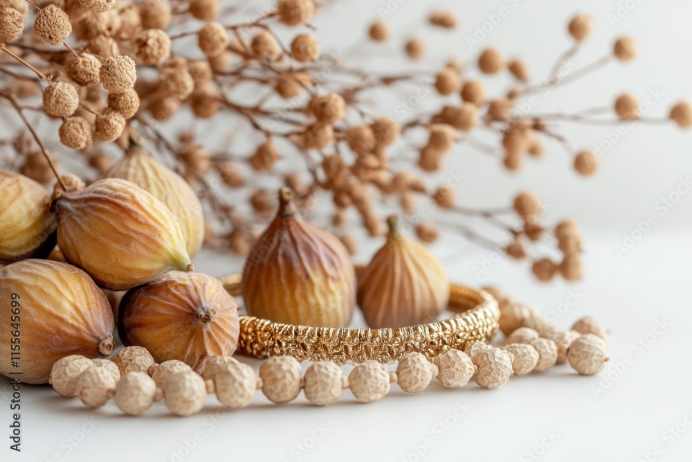 Dried figs and branches with beads and gold bracelet on white background. Dried figs and branches with beads and gold bracelet on white background.