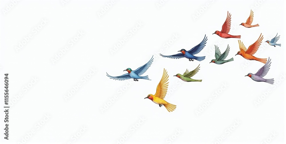 Obraz premium A vibrant flock of colorful birds soars dynamically through the sky, embodying freedom and the beauty of nature.