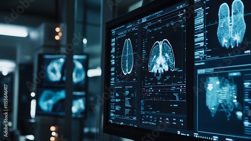 High-Tech Medical Imaging Displaying Advanced Neurovascular Scans on Monitors in a Modern Healthcare Facility Laboratory Setting at Night