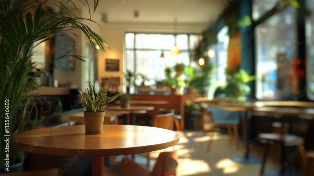 Sunlit cafe interior with plants and tables. Sunlit cafe interior with plants and tables.