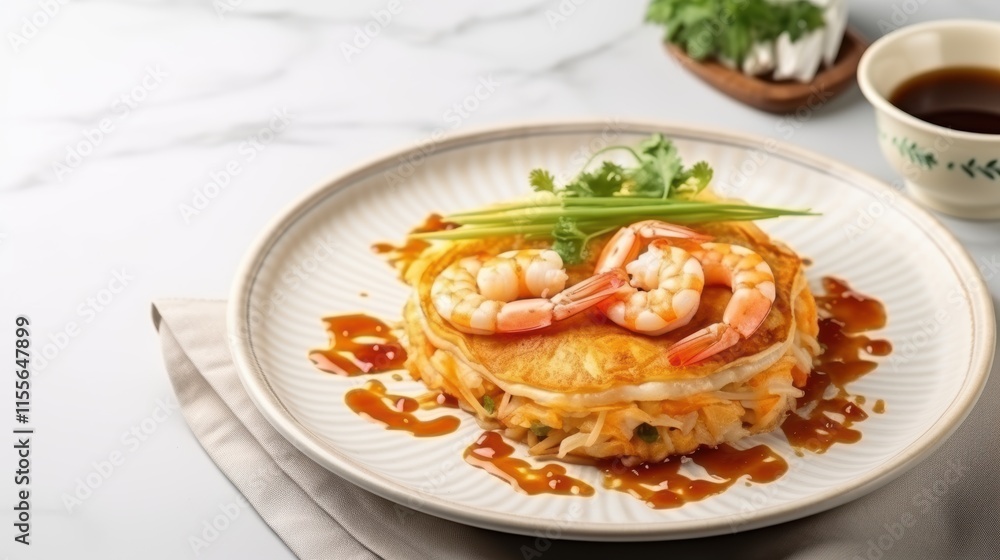 Elegant Shrimp Omelette on White Plate with Sauce, Food Photography in Soft Lighting, Wide Angle, High Resolution, Natural Shadow Elegant Shrimp Omelette on White Plate with Sauce, Food Photography in Soft Lighting, Wide Angle, High Resolution, Natural Shadow