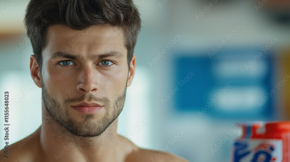Fototapeta premium Confident Male Athlete Posing in a Fitness Environment with Strong Facial Features and Blue Eyes, Perfect for Health and Wellness Promotions